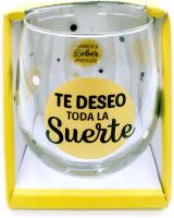 Vaso de vidrio con la frase "Te Deseo toda la Suerte" y elementos decorativos - details 0