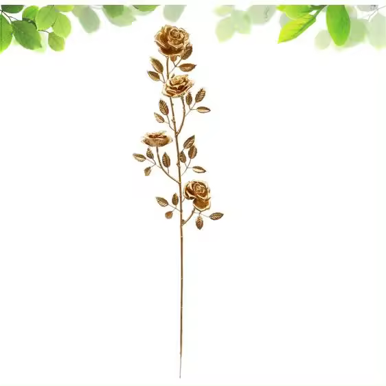 Poenia Arte Floral Rama Decorativa con 4 Rosas de Oro de 65cm - Adornos Navideños - 1