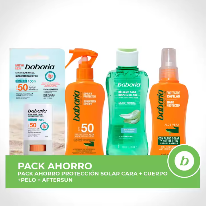 BABARIA Pack ahorro protección solar - Contiene Stick Facial SPF50 + Spray Protector Aloe SPF50 200ml + After Sun Bálsamo Efecto Hielo Aloe 100ml + Protector Capilar Aloe 100ml - 1