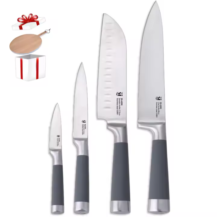 San Ignacio Set de 4 Cuchillos de Cocina Profesionales de Acero Inoxidable con Mangos de Silicona + tabla de corte de regalo - 1