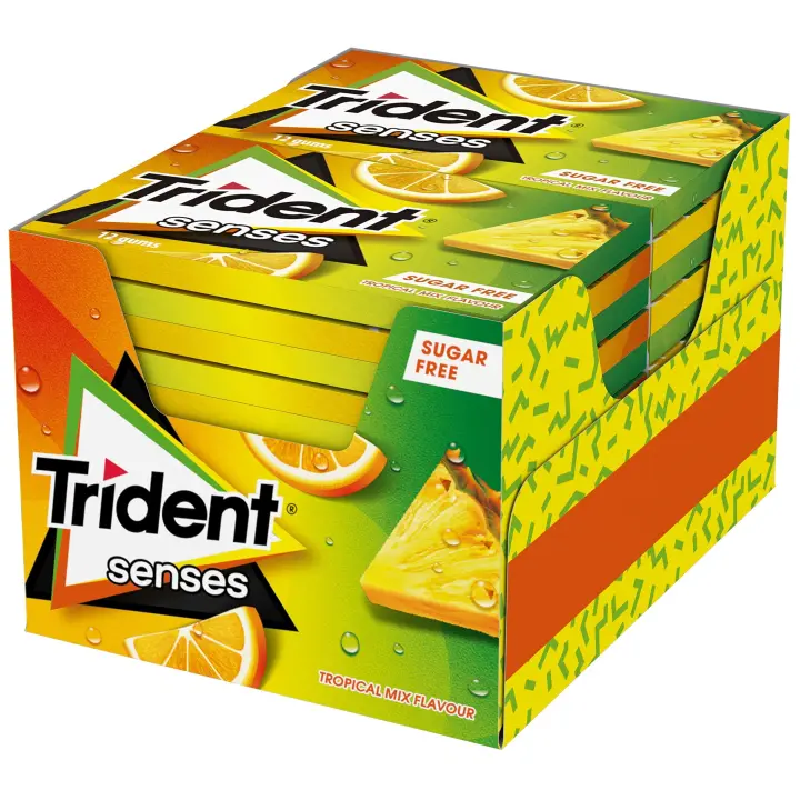 Trident Senses Chicles sin Azúcar con Sabor Tropical hierbabuena berry sandía 23G*12 - 1