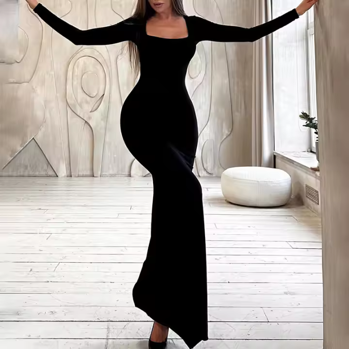 Vestido Largo De Manga Suelta Dulzura Para Mujer En Color Negro Estilo Bodycon Con Cierre De Lazo Sexy Y Club Para Fiesta Club Ropa De Calle Noche - 1