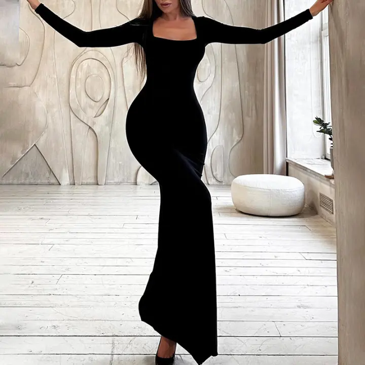 Vestido Largo De Manga Suelta Dulzura Para Mujer En Color Negro Estilo Bodycon Con Cierre De Lazo Sexy Y Club Para Fiesta Club Ropa De Calle Noche - 1