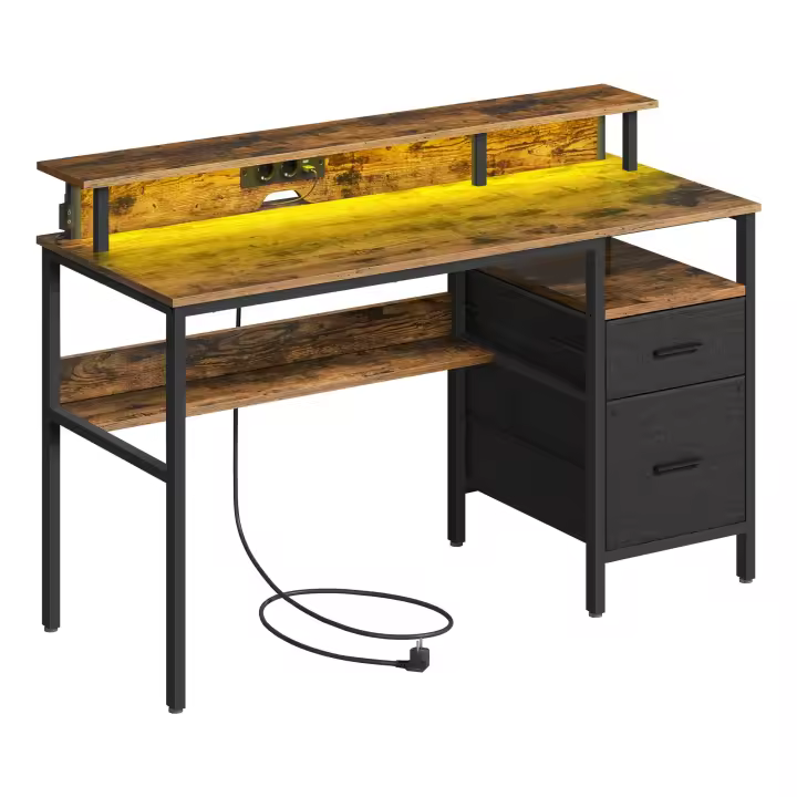Escritorio Esquinero para Juegos con Luces LED - Incluye Estante para Monitor, 2 Cajones, Tomas de Corriente y Puertos USB, Ideal para Oficina en Casa, Negro Ébano y Marrón Rústico - 1