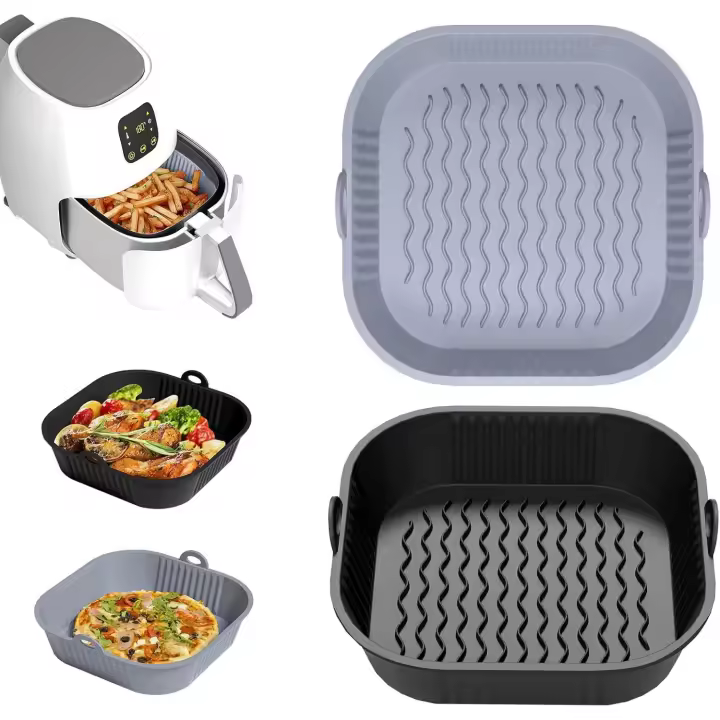 Molde de Silicona Freidora de Aire 5-8L, 2 Piezas 21cm Bandeja Recipientes para Freidora sin aceite, Reusable Molde de Silicona Cuadrada Cesta para Air Fryer, Microondes, Horno, Gris - 1