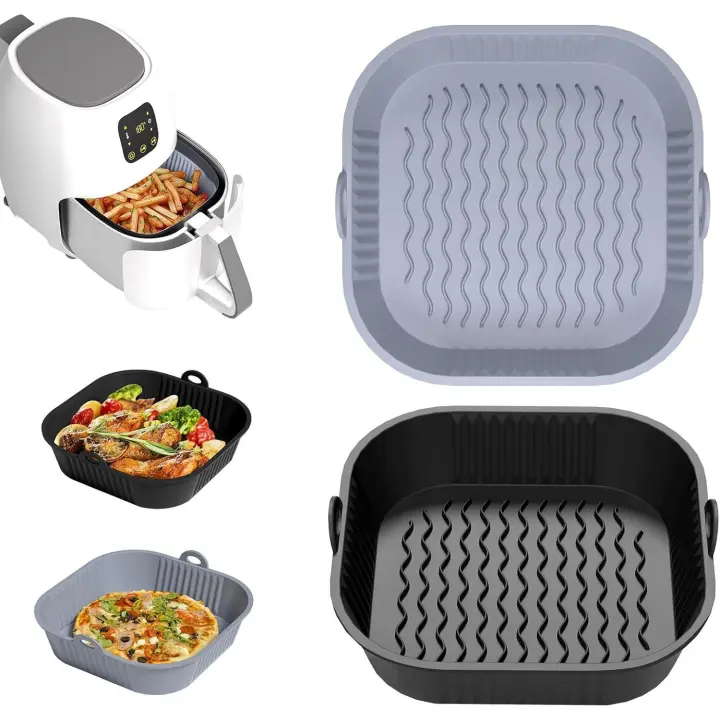 Molde de Silicona Freidora de Aire 5-8L, 2 Piezas 21cm Bandeja Recipientes para Freidora sin aceite, Reusable Molde de Silicona Cuadrada Cesta para Air Fryer, Microondes, Horno, Gris - 1