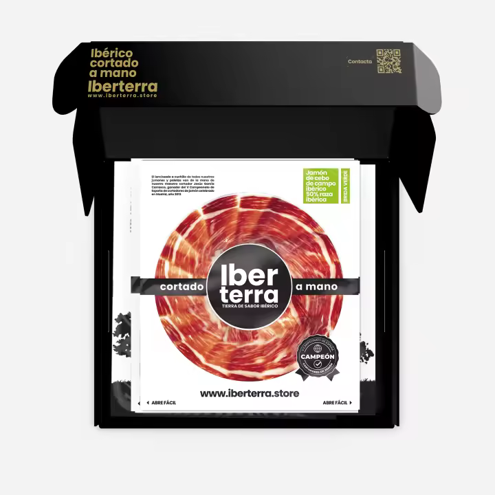 Jamón de cebo de campo Ibérico 50% raza ibérica loncheado a cuchillo. 5 sobres x 100 grs. Jamón IBERTERRA 30 meses curación. - 1