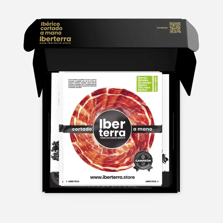 Jamón de cebo de campo Ibérico 50% raza ibérica loncheado a cuchillo. 5 sobres x 100 grs. Jamón IBERTERRA 30 meses curación. - 1
