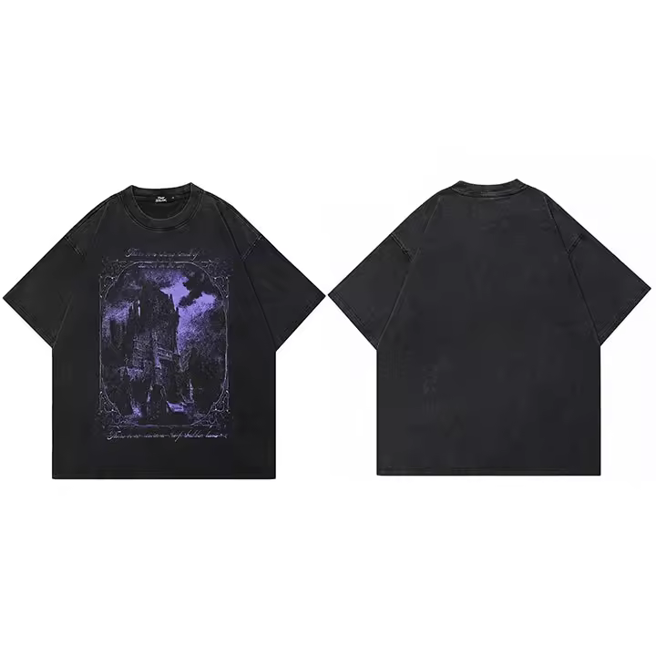 Camiseta Hip Hop Washed Black Vintage Morada Gráfico De Castillo Para Hombres Camiseta De Algodón Unisex Estilo Streetwear Y2K - 1