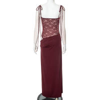Vestido Larguísimo De Verano Para Mujer En Malla Transparente Con Encaje Y2K Sin Mangas Y Espalda Descubierta Sexy Bodycon Streetwear Polyester Elástico - details 7