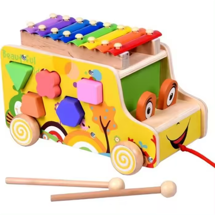 Autobus de Madera para Bebe, Juguetes para niños, juegos para niños, Construcción, xilófono de Madera para Bebe de 18 meses with form geométrica, 8 Tonos y Martillo de Madera. - 1
