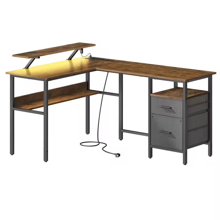 VASAGLE Escritorio en Forma de L con Tomas de Corriente, con Soporte de Monitor, Escritorio Esquinero, para Juegos con Luces LED, 2 Cajones, Fácil de Montar, Oficina en Casa, Marrón Rústico - 1