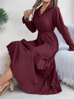 Vestido Largo De Primavera Verano Para Mujer Estilo Casual Color Sólido Cuello Polo Botones Mangas Flares Pliegues Centenares Vestido A-Line - details 10