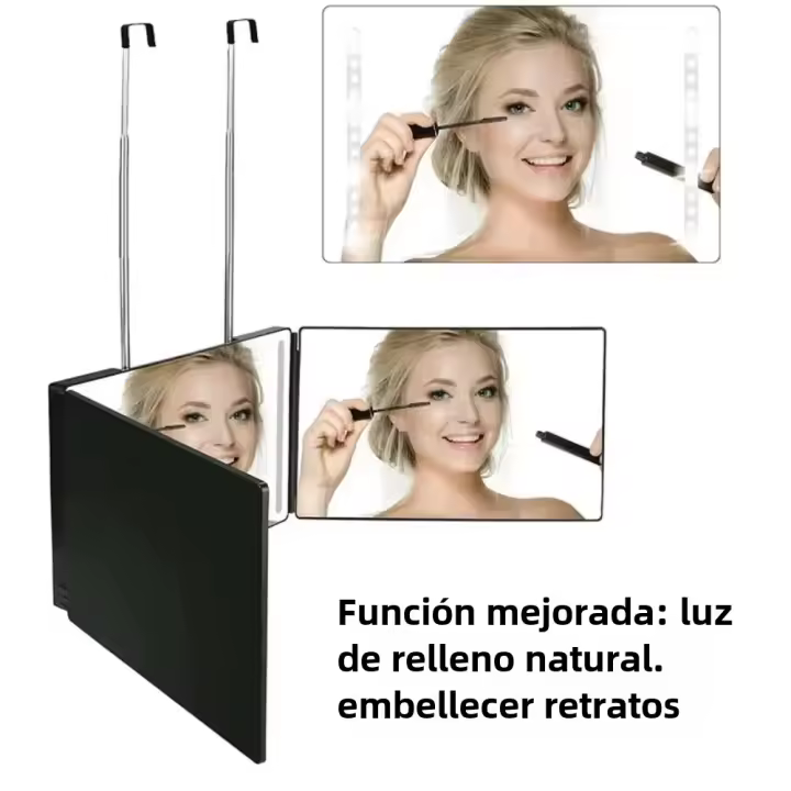 Espejo De Peluquería Trifoliar LED Negro Con Luz Y Altura Ajustable Vidrio HD Portátil Para Auto-corte De Pelo - 1
