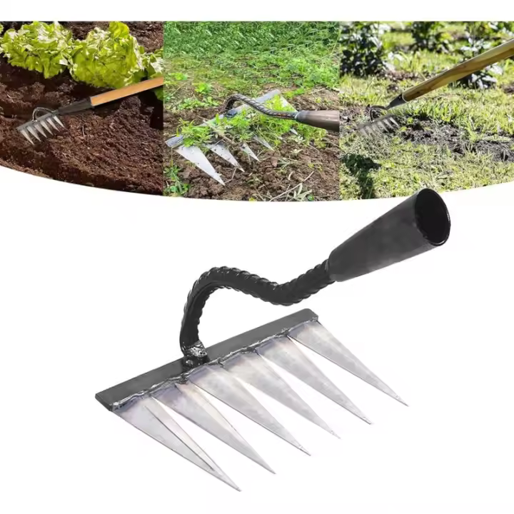 Rastrillo de jardín de acero tradicional, 6 dientes, ideal para desmalezar, desenredar y sembrar, herramienta esencial para el jardín - 1