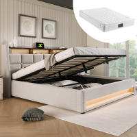 Cama tapizada con USB 160x200 cm, Cama Doble LED con somier de metal, somier Juvenil de Material de Lino (con colchón) - details 6
