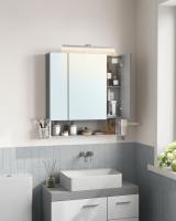 Armario de baño multifuncional con espejo 3 puertas, mueble de pared integrado con enchufe, cesta colgante y soporte para secador, espacioso, blanco nube, gris paloma - details 6