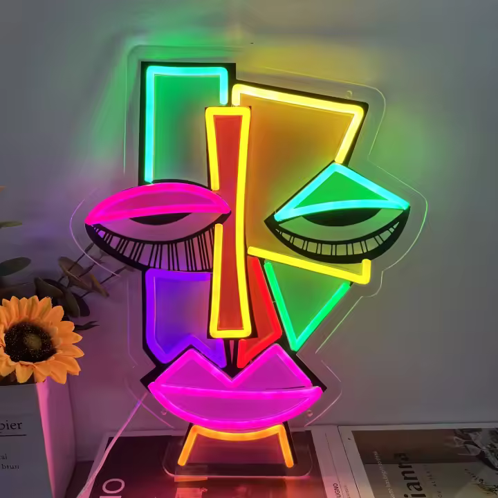 Decoración De Pared Neón Abstracto Cara Arte Impreso UV Con Iluminación Para Bares Clubes Habitaciones De Juegos Y Oficinas Regalo Único Para Cumpleaños - 1