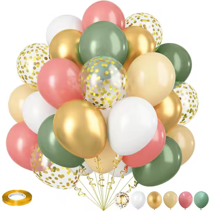 Ballons Anniversaire Vert Rose, Ballons de baudruche Verts Rose Blancs Or, Ballon Vert Rose pour Décoration Anniversaire, Mariage Champetre, Communion, Baby Shower Decoration - 1