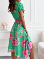 Nuevo Vestido De Verano Para Mujer Con Estampado Floral Cuello V Manga Corta Elegante Con Botones Y Cinturón Estilo Bohemio Midi - details 3