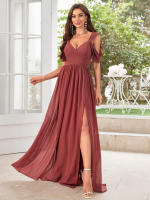 Vestido De Noche Elegante Para Mujer Unithorse Con Hombros Finos Manga Corta Cintura Ajustada Y Abertura En El Lado Chiffón Formal Para Damas De Honor - details 9