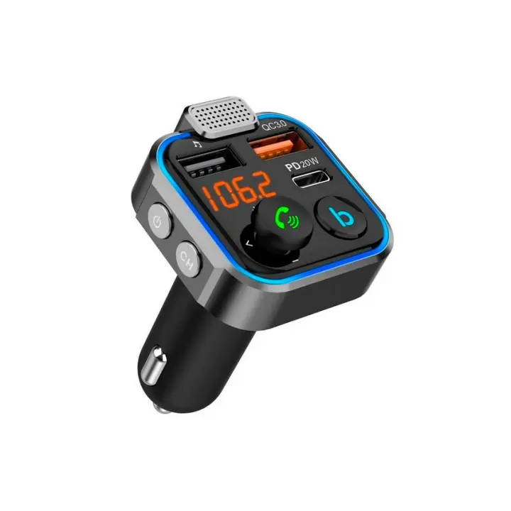 NK Transmisor FM Bluetooth 5.0 para Coches - 3 Puertos Carga: x 2 USB QC3.0 + x1 PD 3.0 Tipo C 20W, Función Manos Libres, Cancelación de Ruido, Carga Rápida, Botón B: Bajos Profundos Hi-Fi (Altavoz) - 1