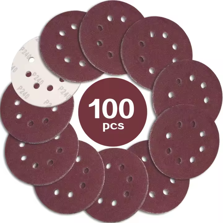 100 discos de lijado de 125mm, trigo 240, 8 tacos, ideales para lijar y pulir con LIJADORA ORBITAL. - 1