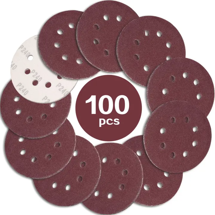 100 discos de lijado de 125mm, trigo 240, 8 tacos, ideales para lijar y pulir con LIJADORA ORBITAL. - 1