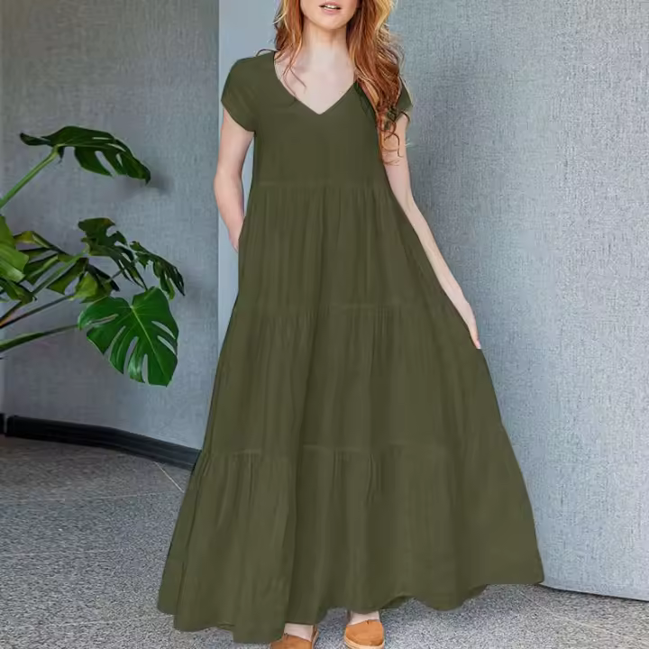 Vestido Largo Maxi Bohemio De Verano ZANZEA Para Mujer Vestido De Fiesta Casual Con Volantes Y Cuello V Manga Corta Vestido De Playa Ropa Suelta Hasta La Rodilla - 1