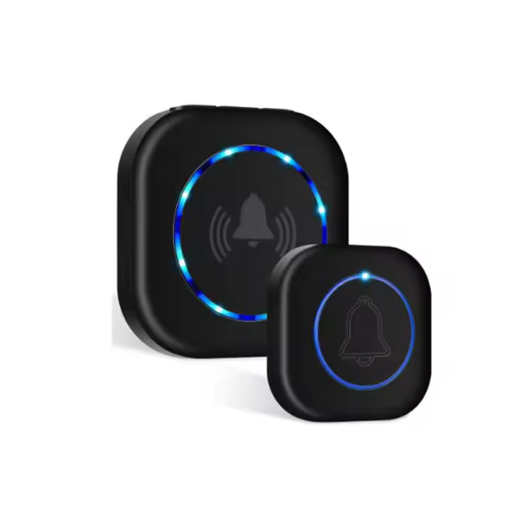 Timbre inalámbrico para exterior, Alimentación por Pilas, 1 transmisor Y 1 receptor, 4 niveles de Volumen, éxito 200m, 38 melodías ajustables, color Negro, indicador LED. - 1