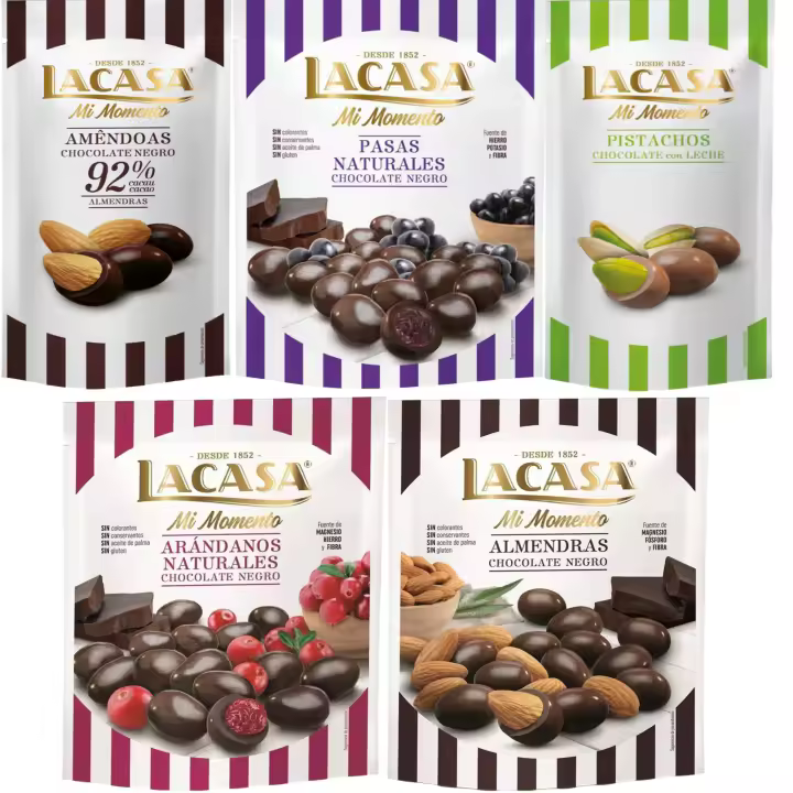 Lacasa Mi Momento pack de 5:Pistacho Chocolate Leche ,Almendra 92% ,Arándano Chocolate Negro ,Pasas Chocolate Negro ,Almendra Chocolate Negro - 1