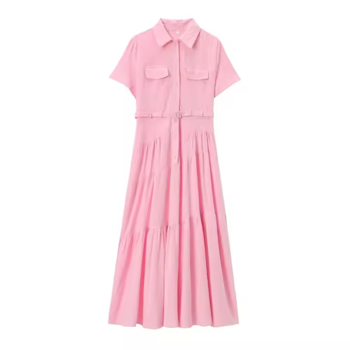 Vestido De Mujer Elegante Y Versátil ZAR4 Verano 2024 Estilo Clásico Con Cinturón A-Line Manga Corta Cuello Enrollado Mid-Calf - 1