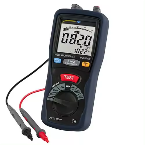 PCE Instruments Óhmetro para resistencias de aislamiento hasta 4000 MΩ / CAT III 1000 V / Manejo sencillo / Medición individual o continua / Funciones MAX y MIN PCE IT100 - 1