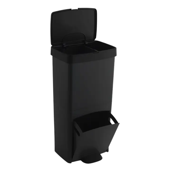 Cubo de basura o reciclaje 70L, VERTICAL, en 2 Compartimentos, Papelera para residuos, 76 cm de altura, fácil gestión, Negro - 1