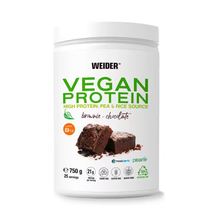 Weider Vegan - Vegan Protein - 750 gr - 23g/dosis Aislada Guisante (Pisane) y Arroz. Con Vitamina B12 y Stevia. Sin Gluten, Sin Azúcar. Bote 50% Reciclado, 100% Reciclable - 1