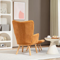 Sillón con taburete, Sillón con respaldo, de Madera patias, chaise longue de Diseño empenachado, efecto Pana, Salón, Marron - details 0