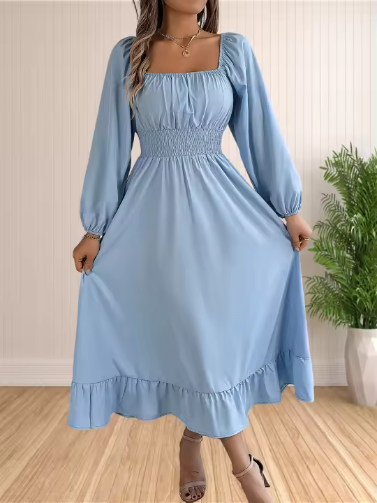 Vestido Largo Elegante De Verano Con Cuello Cuadrado Y Volantes En Cintura Alta Para Mujer Vestido De Mujer De Polyester A-Line Casual De Medio Tamaño - 1