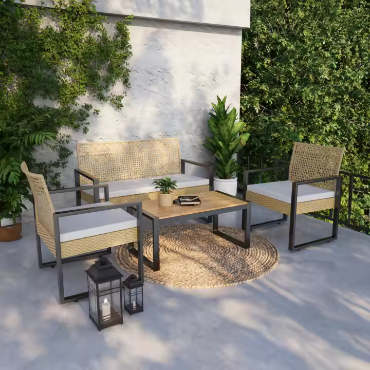 Conjunto de muebles de jardin Calciano 4 piezas ratán - Natural/Negro [casa.pro] - 1