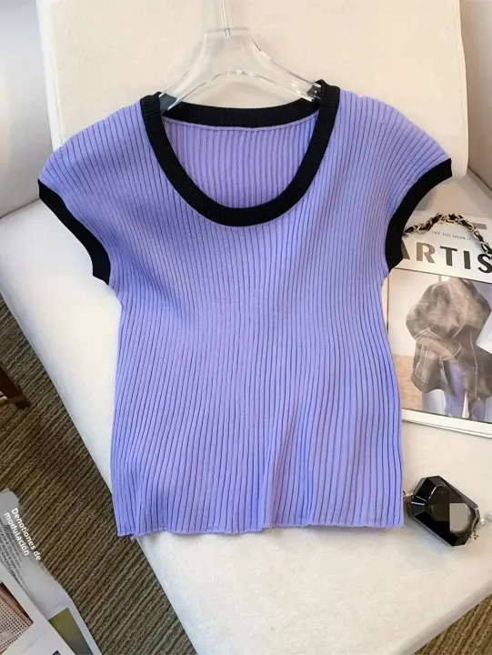 Nueva Chaleco De Cuello Redondo Para Mujer Verano 2024 Estilo Casual Manga Corta Tejido Delgado Ajustado Spliced Polyester - 1