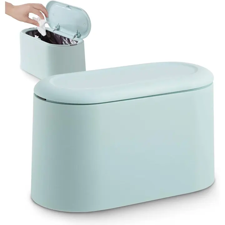 Small Tabletop Trash Can with Push Button Lid for Office, Bathroom, Kitchen and Bedroom, Pet Food Storage (Light Blue) - 1