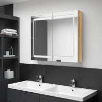 vidaXL Armario de baño con espejo LED blanco brillante 80x12x68 cm en color Blanco brillo/Gris brillo/blanco y roble | almacenamiento funcional diseño moderno para baño dormitorio sala - details 2