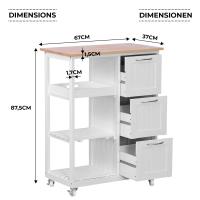 Isla de cocina de madera, 3 cajones y 3 estantes abiertos, bandeja extraíble, blanco, carro de almacenamiento con cajones y estantes para cocina, 67x37x87,5 cm, Miadomodo - details 8