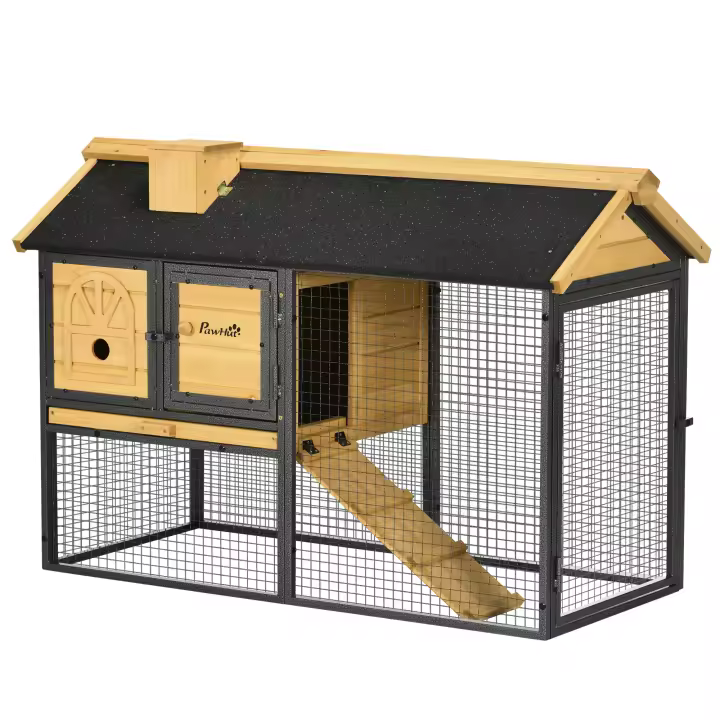 PawHut Conejera de Madera de 2 Niveles Jaula para Conejos con Zona Abierta Techo Asfáltico Bandeja Extraíble Puertas y Rampa Conejera para Exterior 120x55,5x80 cm Natural y Negro - 1