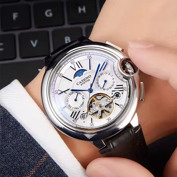 Reloj De Pulsera Automático De Lujo Para Hombre Estilo Casual Con Fase Lunar Y Calendaría Resistente Al Agua Cuero Y Acero Inoxidable - 1