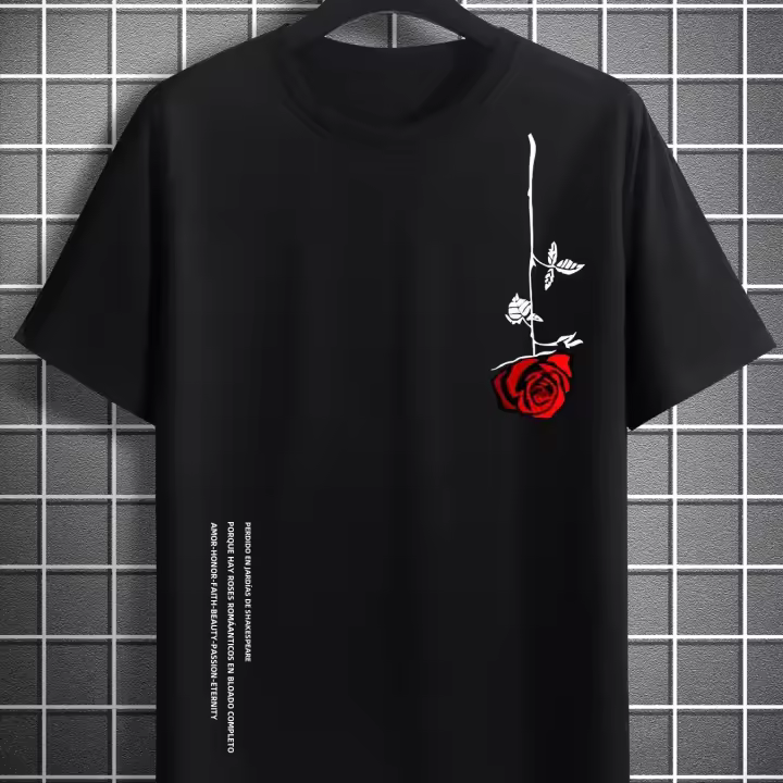 Camiseta De Verano Para Hombre Talla Grande 100% Algodón Estampado De Rosas Cuello Redondo Manga Corta Casual Transpirable - 1