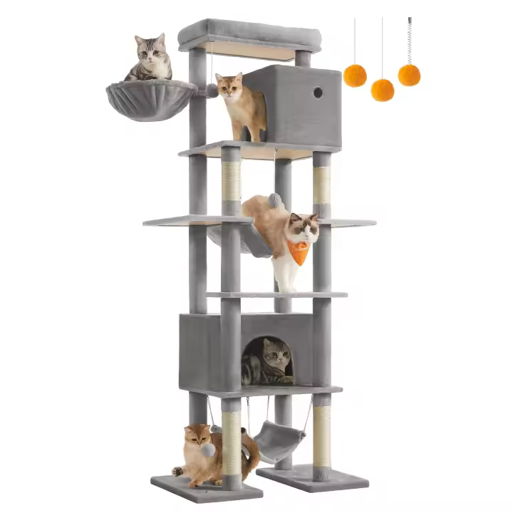 Árbol Grande para Gatos de 201 cm, Rascador Multinivel con Plataforma, Cesta, 2 Casas y 2 Hamacas, Color Gris Claro - 1