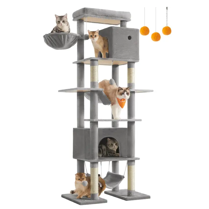 Árbol Grande para Gatos de 201 cm, Rascador Multinivel con Plataforma, Cesta, 2 Casas y 2 Hamacas, Color Gris Claro - 1
