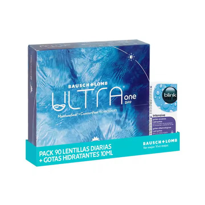 Pack ULTRA ONE DAY - Lentes de Contacto Diarias (90 Uds) + Blink Intensive Tears Gotas Oculares 10ml | Advanced MoistureSeal & Tecnología ConfortFeel | Confort e Hidratación Avanzada | Alivio Instantáneo con OcuPure | Uso con Todo Tipo de Lentillas - 1