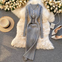 Vestido Bodycon Elegante De Mujer REALEFT Otoño Invierno 2024 Con Cinturón Y Botones De Manga Larga Estilo Casual Longitud Pierna - details 4