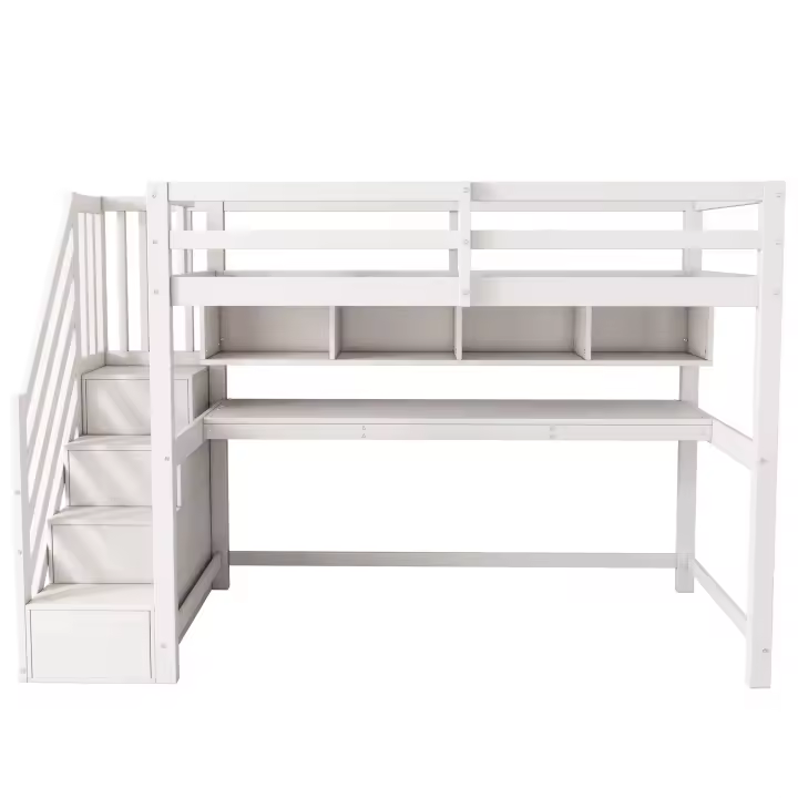 Cama Alta para niños with Escalera de almacenamiento 90*200cm, Madera maciza + MDF, Litera, Cama para niños with esritorio Grande y Estantería, Pintura Ecológica, Blanco - 1